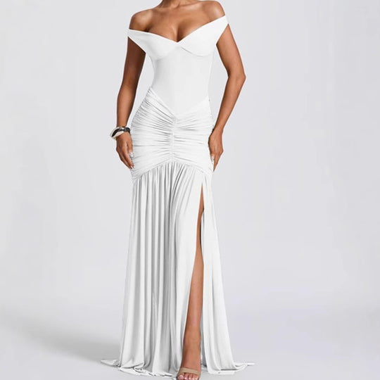 Damen Elegantes Off-Shoulder Maxikleid mit Rüschendetails und hohem Schlitz R&B