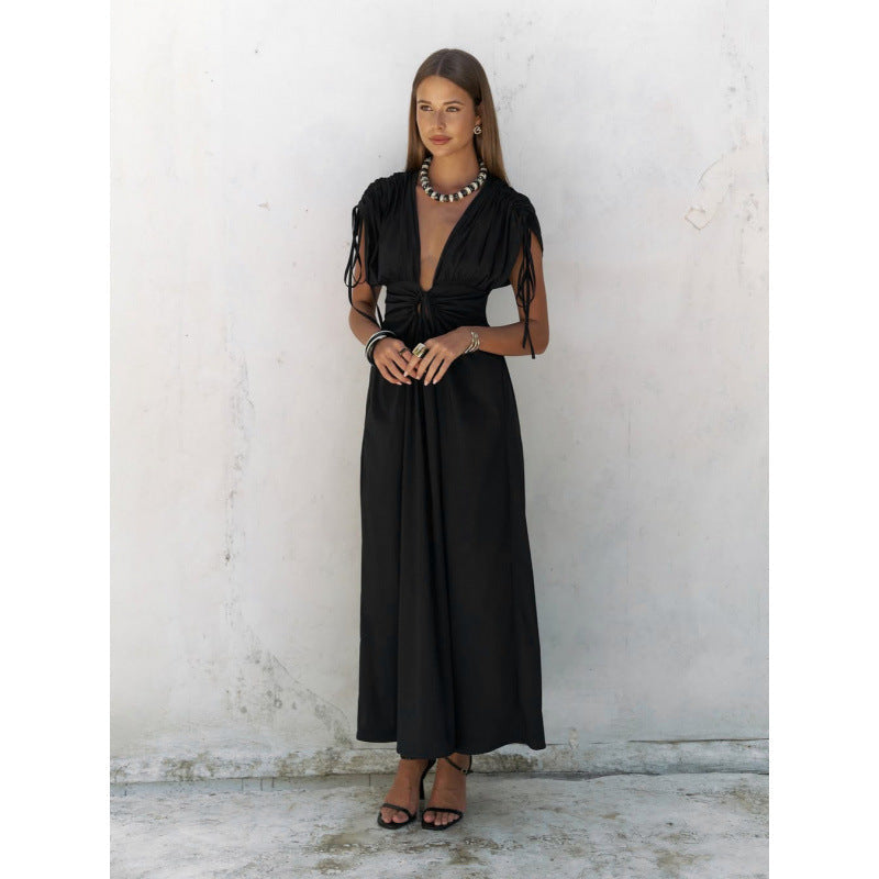 Damen elegante Maxi-Kleid mit raffiniertem Wickeldesign und tiefem V-Ausschnitt R&B