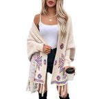 Damen Strickponcho mit buntem Navajo-Muster und fransigem Saum