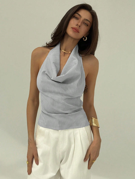 Damen Haltertop mit stilvollem Faltenwurf und Streifenmuster R&B