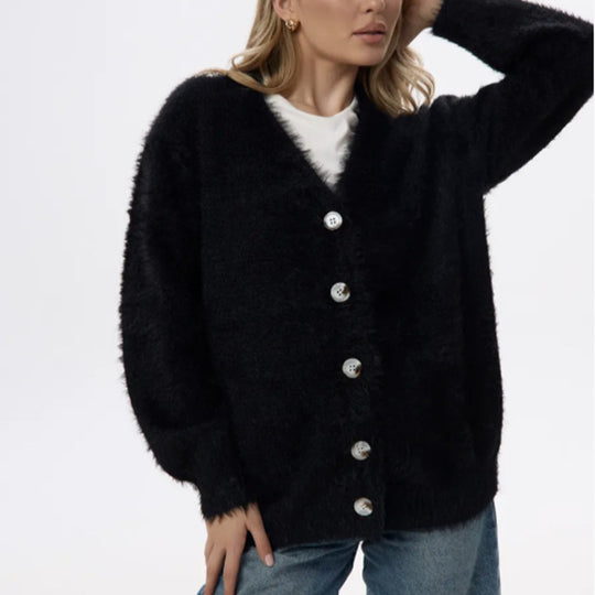 Damen Flauschiger Cardigan mit Perlknöpfen und lockerer Passform R&B