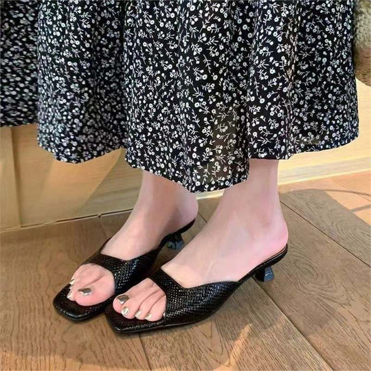 Damen elegante Mules mit offenen Zehen und feinem Absatz R&B