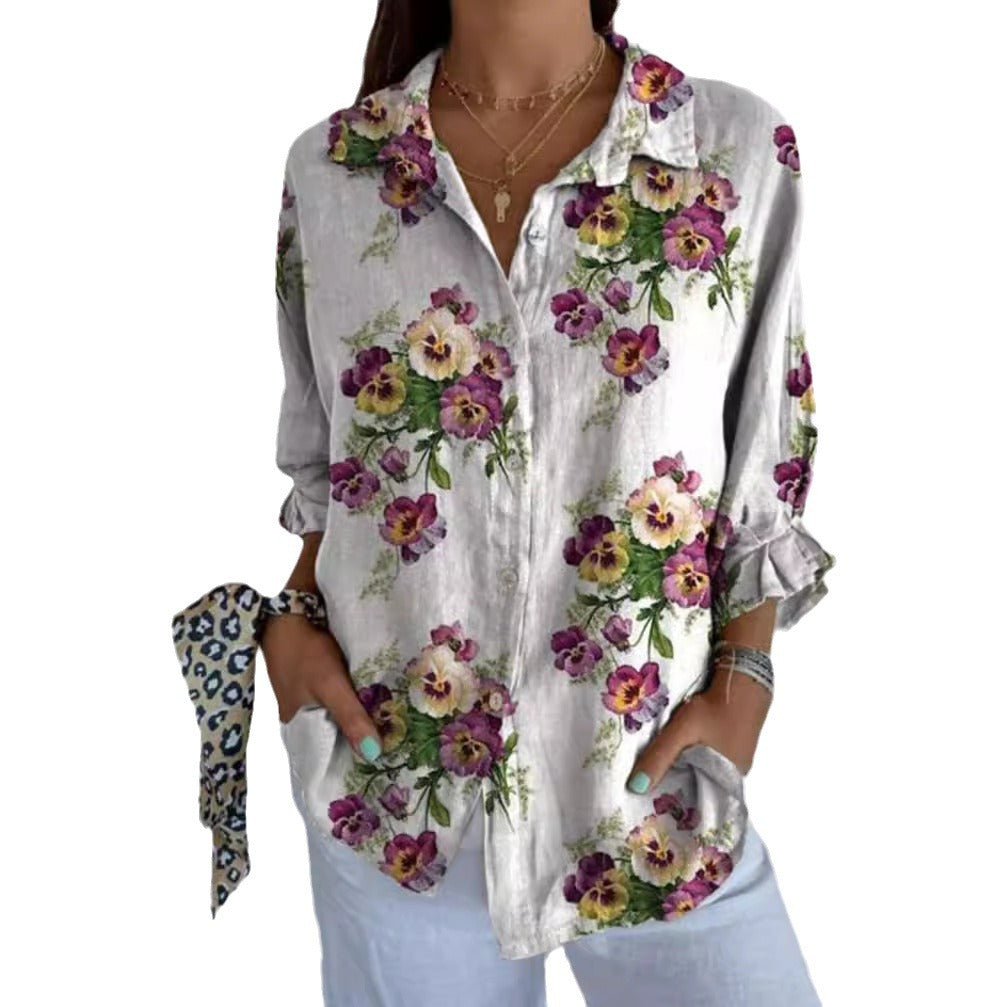 Damen nan leichte Leinenoptik-Hemdbluse mit Blumenmuster, lockerem Schnitt, krempelbaren Ärmeln und Eingrifftaschen R&B
