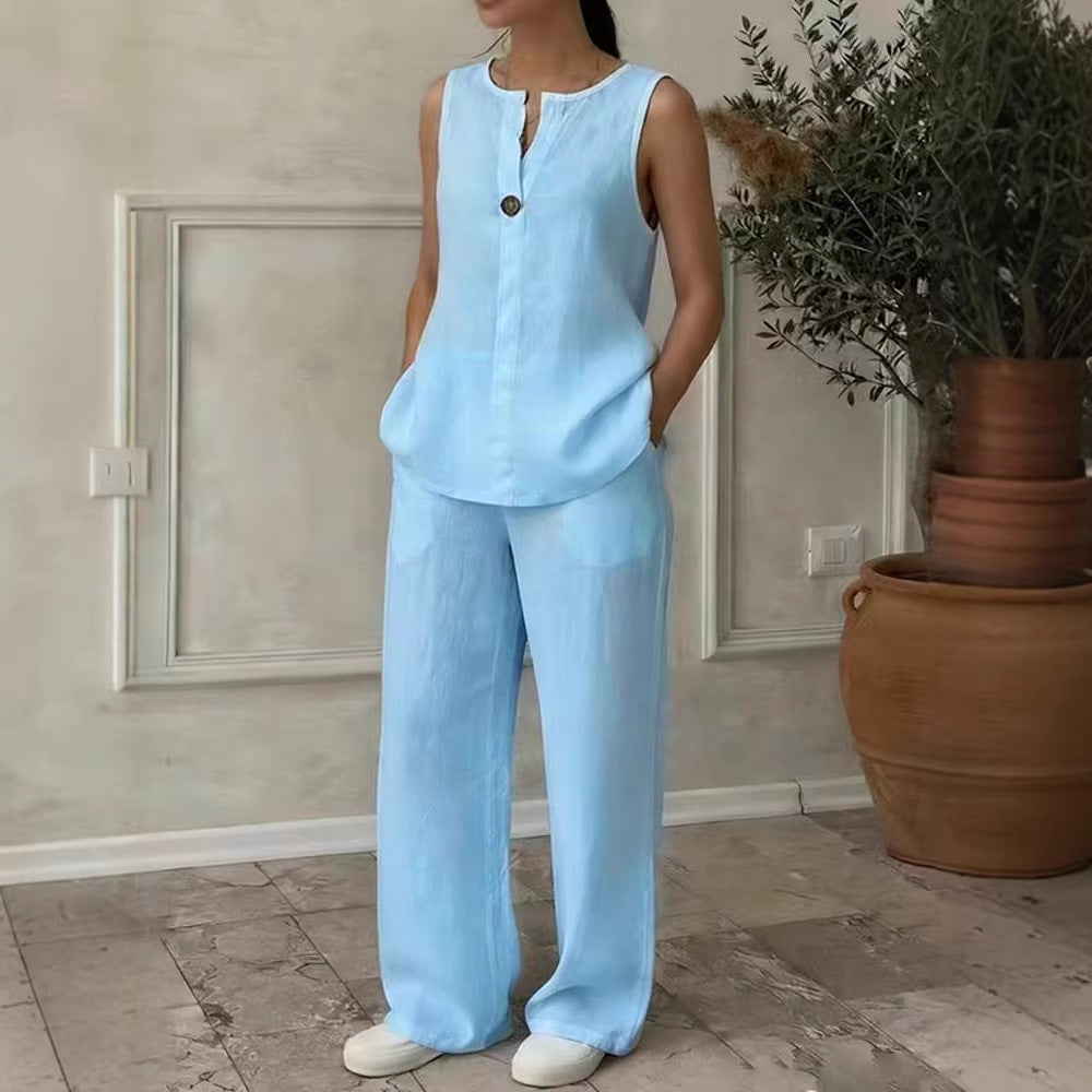 Damen Leinen Set mit elegantem Knopfdetail R&B