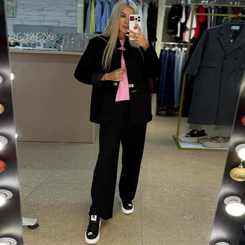 Damen lässige Sweater-Blazer-Kombination mit weit geschnittenen Hosen R&B