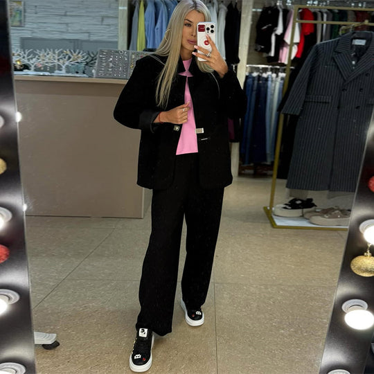 Damen lässige Sweater-Blazer-Kombination mit weit geschnittenen Hosen R&B