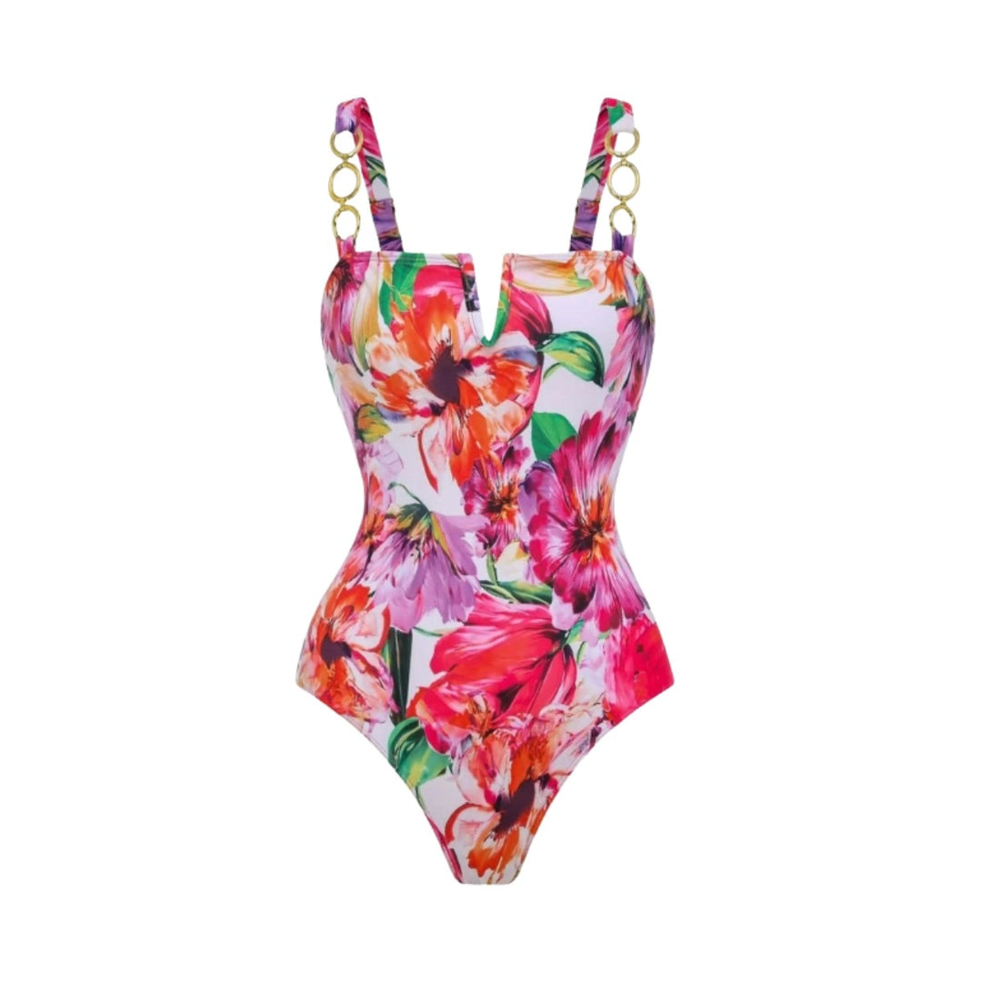 Damen eleganter Badeanzug mit floralem Wickelrock R&B