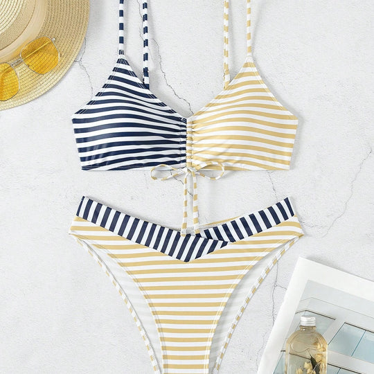 Damen Triangel-Bikini mit raffiniertem Knoten und modischem Streifenmuster R&B