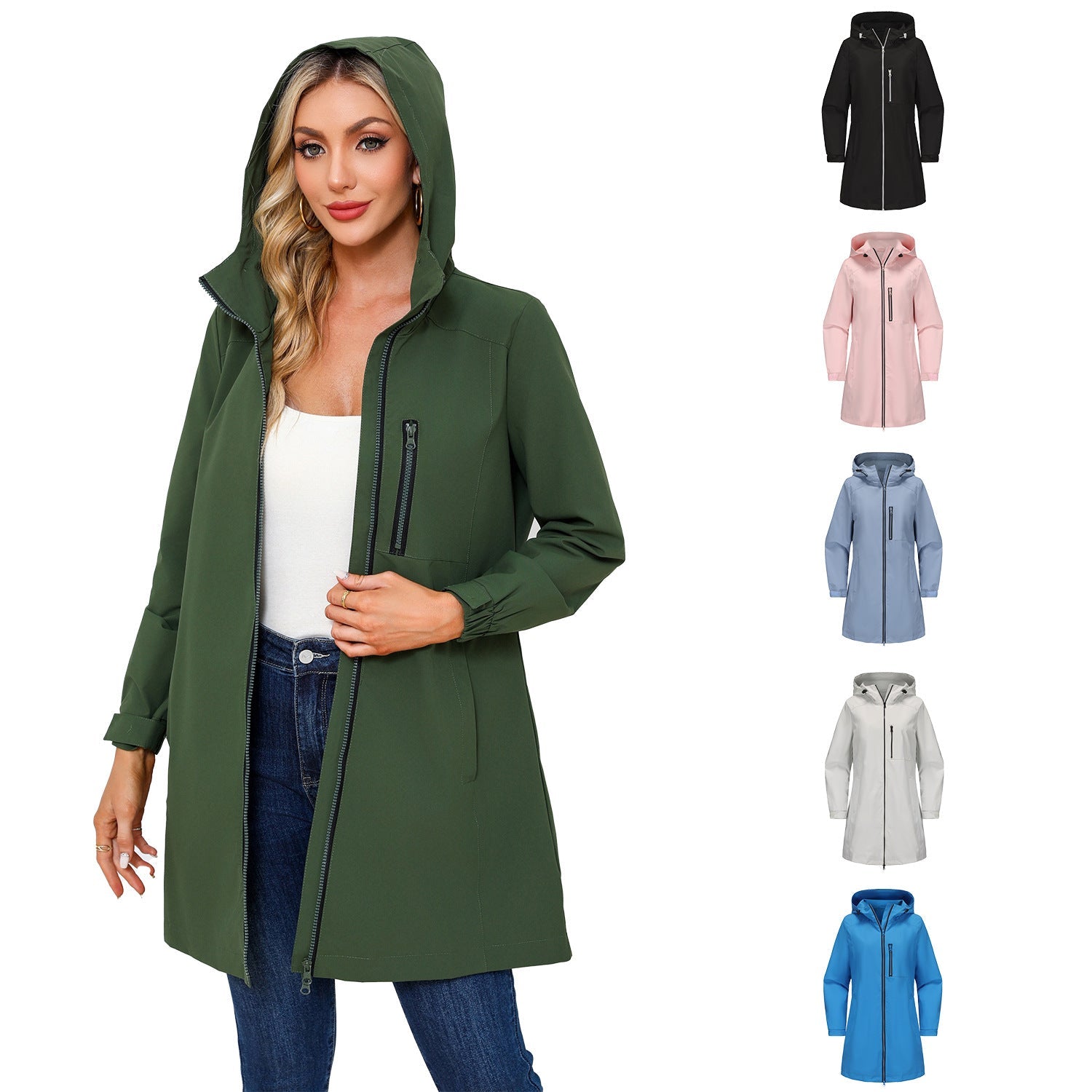 Damen modische Regenjacke mit Kapuze und praktischen Taschen