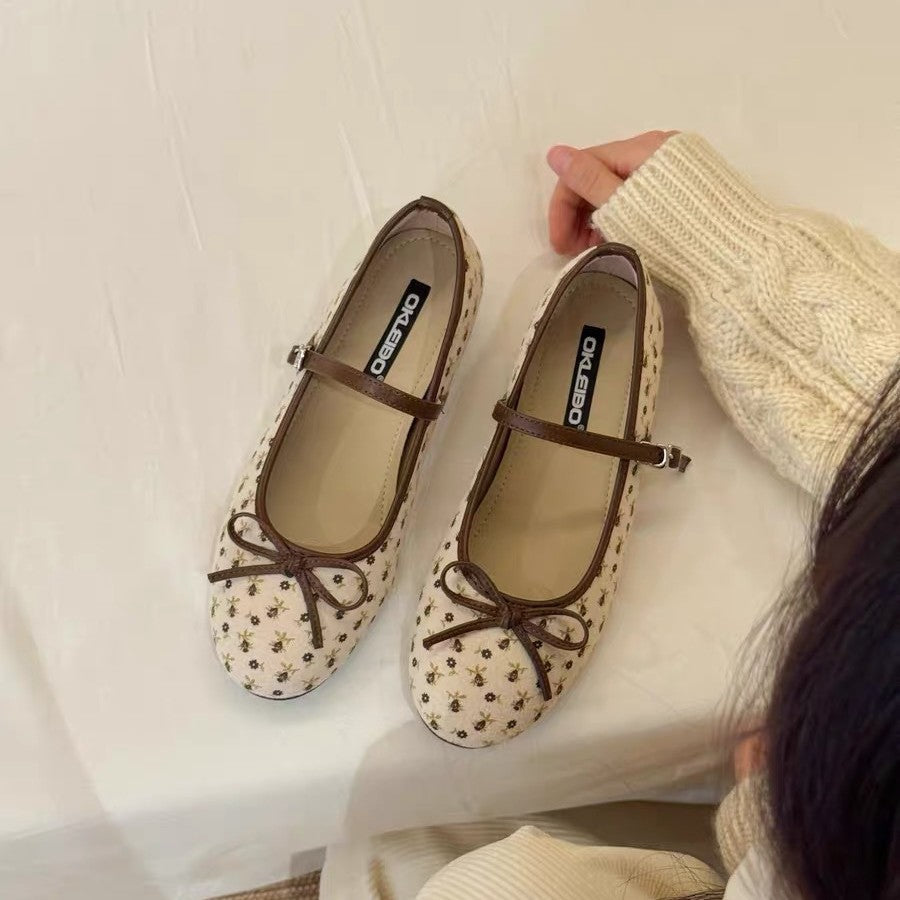 Damen Ballerina-Schuhe mit floralem Muster und Riemchen EB