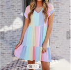 Damen lässiges Kurzarm Kleid mit buntem Streifenmuster R&B