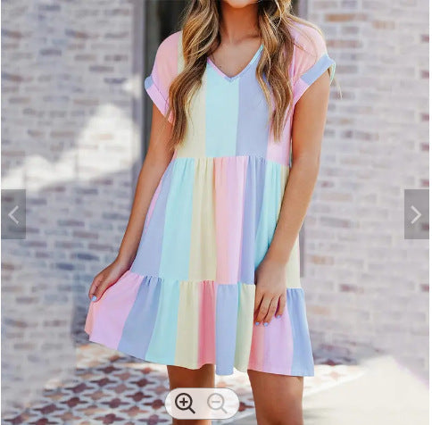 Damen lässiges Kurzarm Kleid mit buntem Streifenmuster R&B