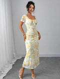 Damen Maxikleid mit floralen Mustern und dekorativem Wickeldetail R&B