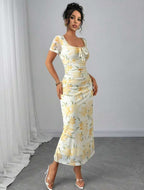 Damen Maxikleid mit floralen Mustern und dekorativem Wickeldetail R&B