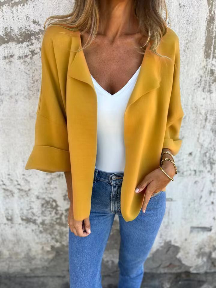 Damen nan legerer offener Strickcardigan mit Schalkragen krempelbaren Ärmeln und kastiger Silhouette R&B