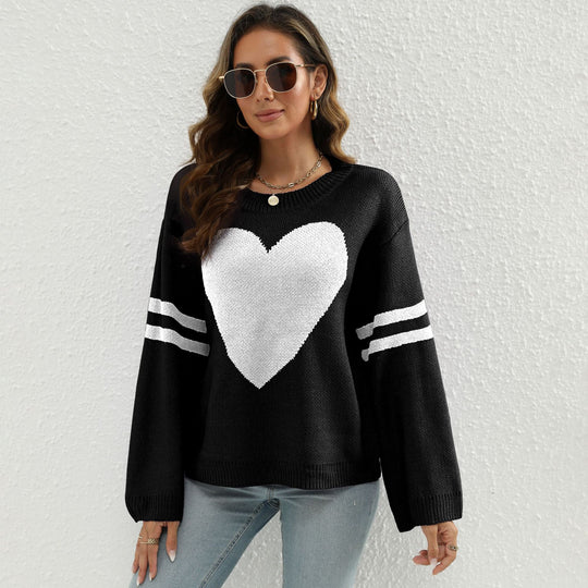 Damen Strickpullover mit Herzmotiv und lässigen Ärmelabschlüssen R&B