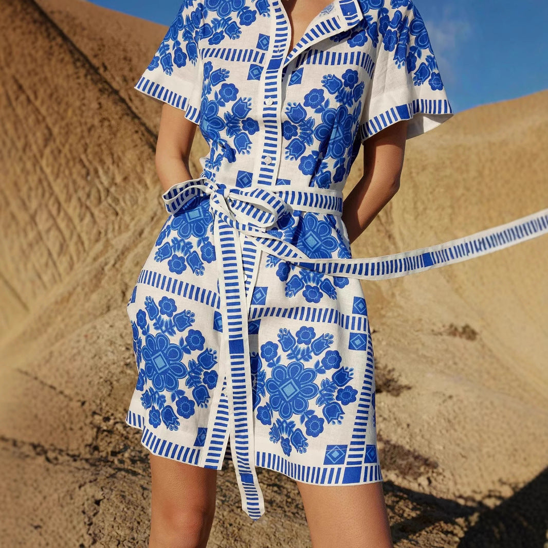 Damen Freizeitkleid mit floralem Muster und bequemen Taillengürtel R&B