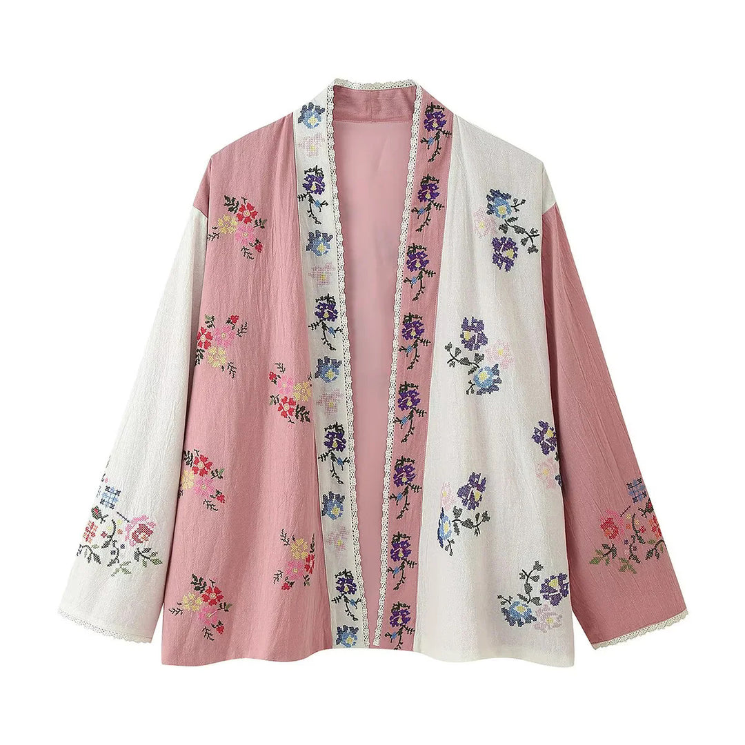 Damen Kimono-Jacke mit floralen Stickereien und elegantem Kragen R&B