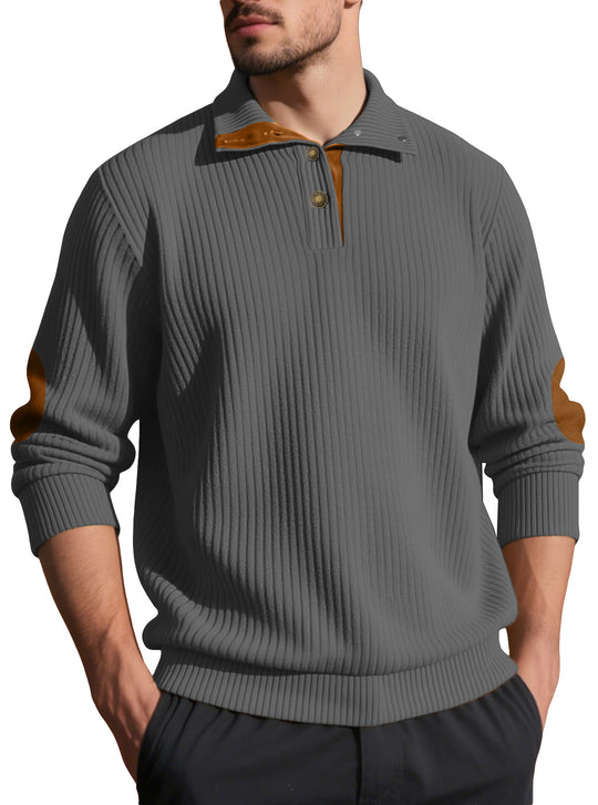 Herren nan Rippstrick-Halbknopf-Pullover mit Kentkragen und Lederbesatz R&B
