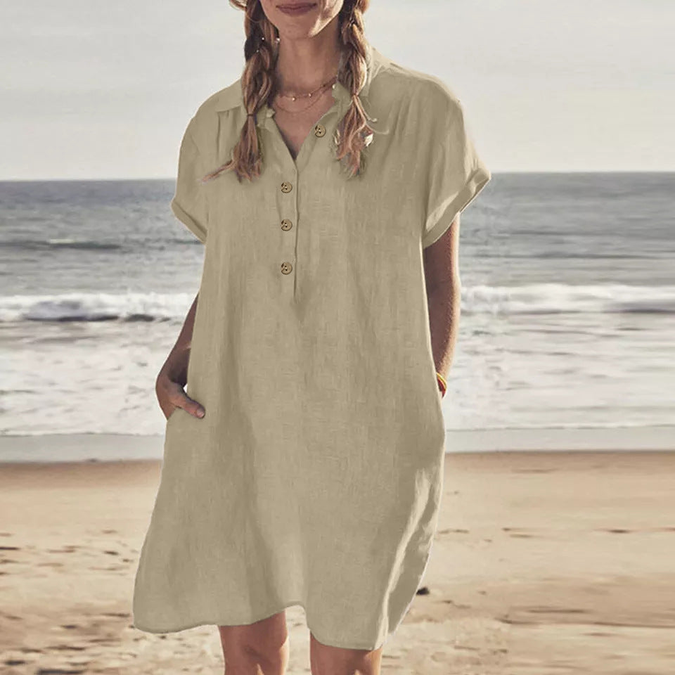 Damen leichtes Strandhemdkleid mit Knopfleiste und Seitentaschen R&B