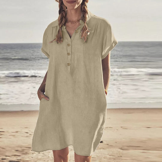 Damen leichtes Strandhemdkleid mit Knopfleiste und Seitentaschen R&B