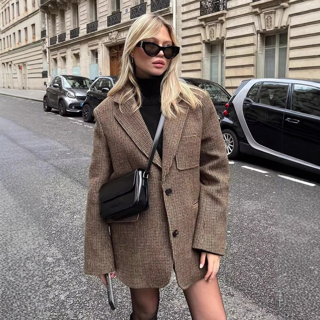 Damen modische Karoblazerjacke mit tailliertem Schnitt und großen Pattentaschen R&B