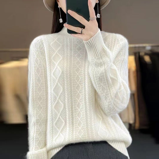 Damen Hochwertiger Strickpullover mit Stehkragen und Zopfdesign R&B
