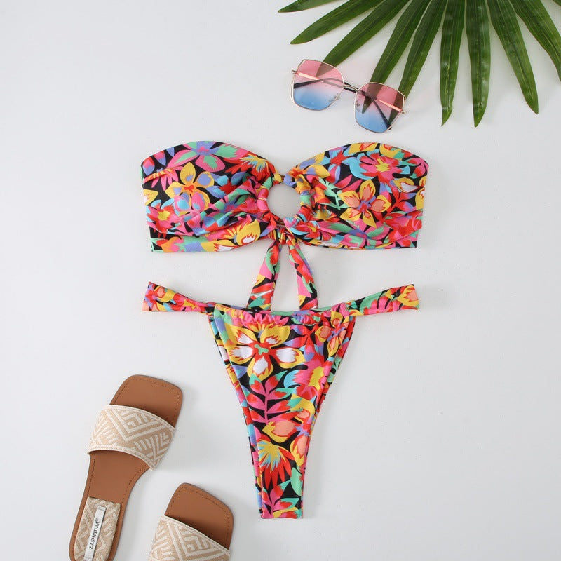 Damen Bandeau Bikini mit kreativem Raffungseffekt und verspieltem Design R&B