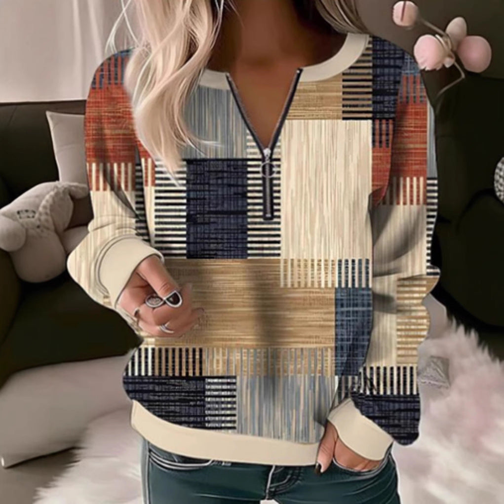 Damen nan gemütlicher Pullover mit kurzem Reißverschluss, grafischem Patchworkmuster, verlängerten Ärmelbündchen und geripptem Saum R&B