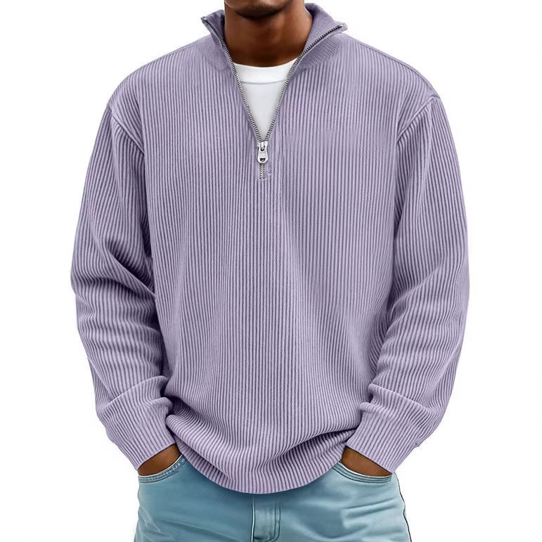 Herren nan gerippter Strickpullover mit halbem Reißverschluss und Stehkragen R&B