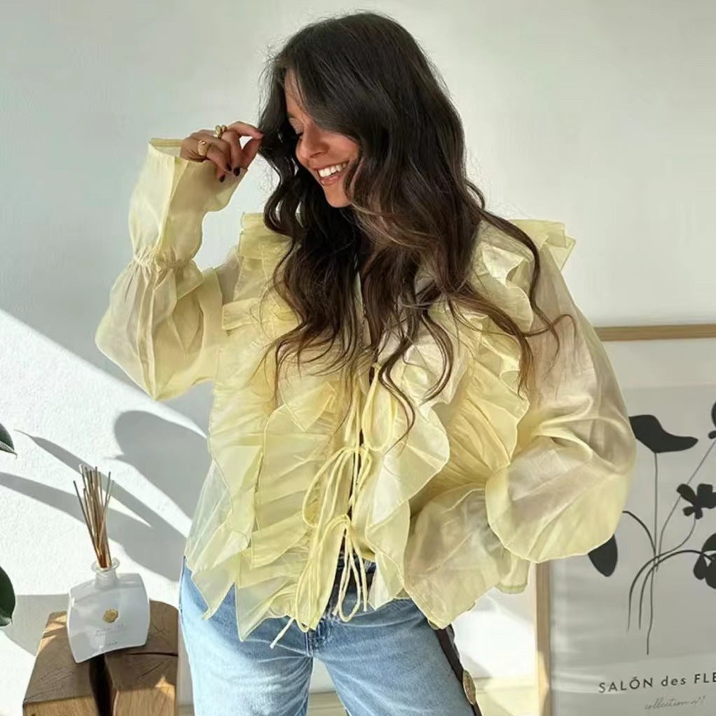 Damen Rüschenshirt mit verspielt voluminösen Ärmeln und seitlichem Bindeband R&B
