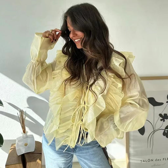 Damen Rüschenshirt mit verspielt voluminösen Ärmeln und seitlichem Bindeband R&B