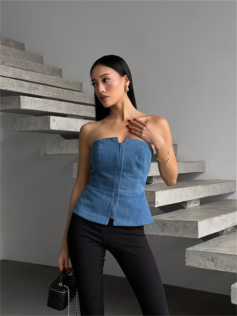 Damen ärmelloser Denim-Top mit Reißverschluss