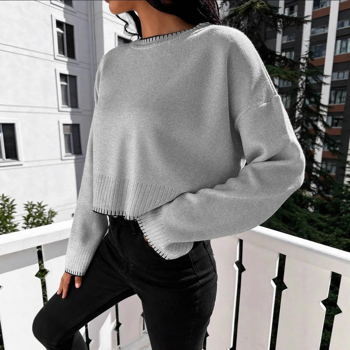 Damen Cropped Strickpullover mit feiner Rippenstruktur und lässigem Schnitt R&B