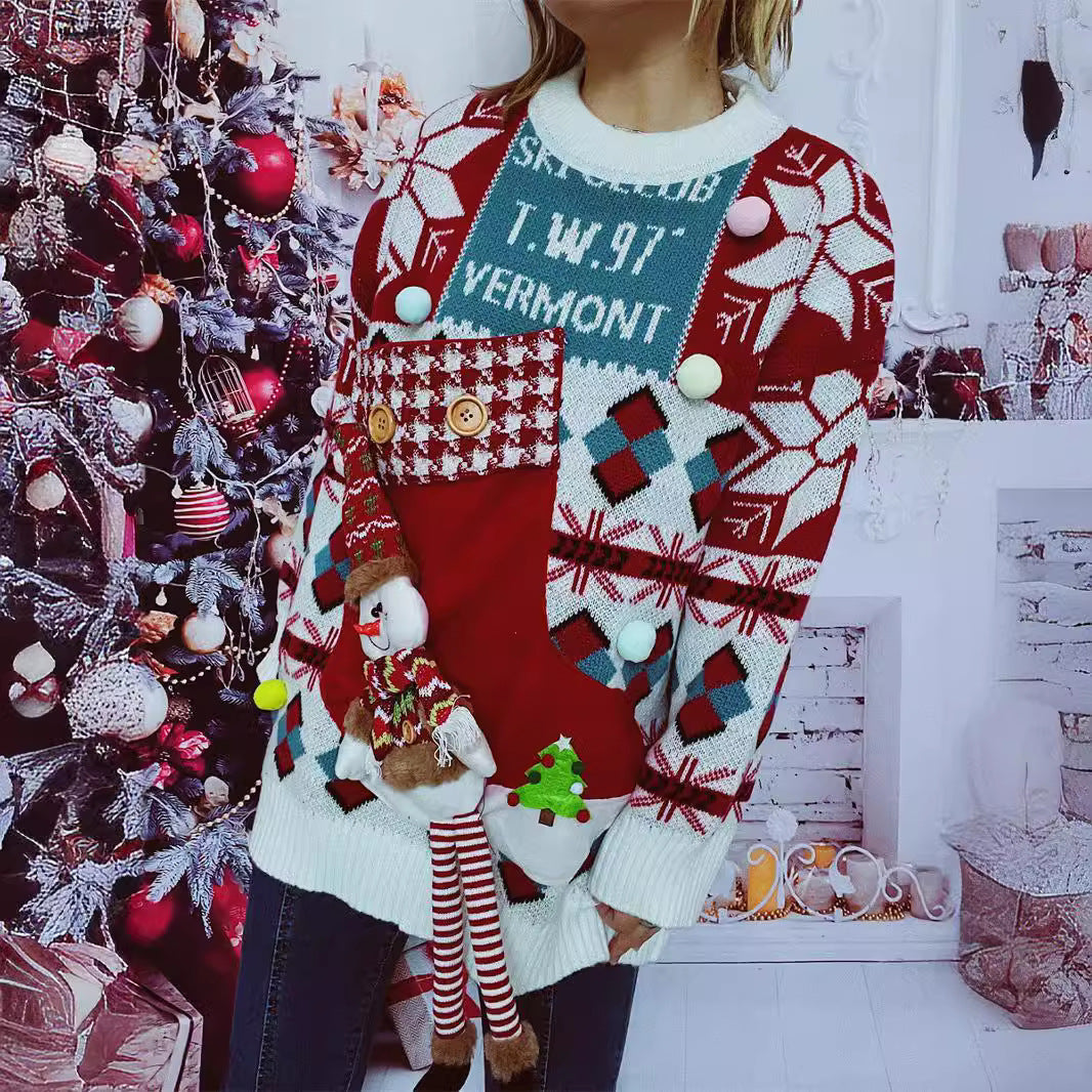 Damen festlicher Pullover mit winterlichem Schneemann-Motiv und dekorativen Details R&B
