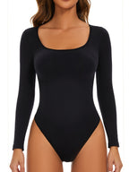 Damen Langarm Bodysuit mit Tiefem Rundhalsausschnitt und Figurbetontem Schnitt R&B
