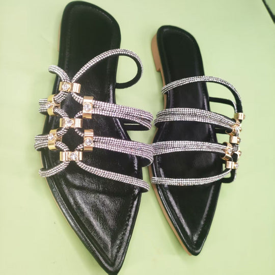 Damen elegante Riemchen-Sandalen mit funkelnden Akzenten und spitzem Zehenbereich R&B