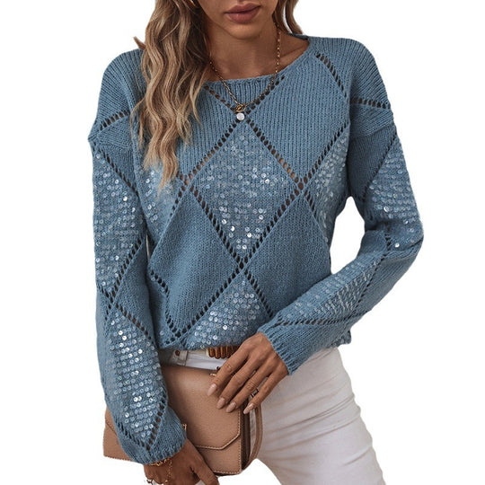 Damen modischer Pullover mit aufwendigem Strickdesign und Glitzerelementen R&B