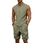 Herren nan ärmelloses Freizeit-Set mit Schnürkragen und Kordelzug-Bermuda R&B