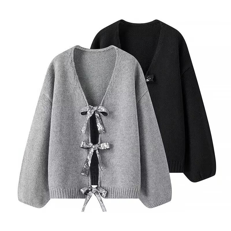 Damen luftige Strickjacke mit Schimmerndem Bindegürtel R&B