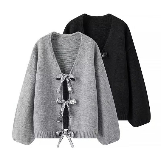 Damen luftige Strickjacke mit Schimmerndem Bindegürtel R&B