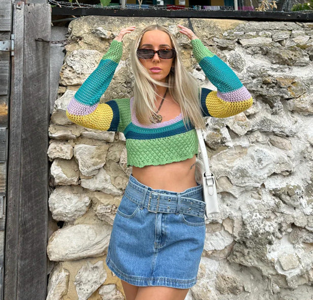 Damen luftiges gehäkeltes Crop-Top mit auffälligem Streifenmuster R&B