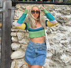 Damen luftiges gehäkeltes Crop-Top mit auffälligem Streifenmuster R&B