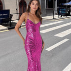 Damen Glamouröses Abendkleid mit funkelndem Paillettenmuster und V-Ausschnitt R&B