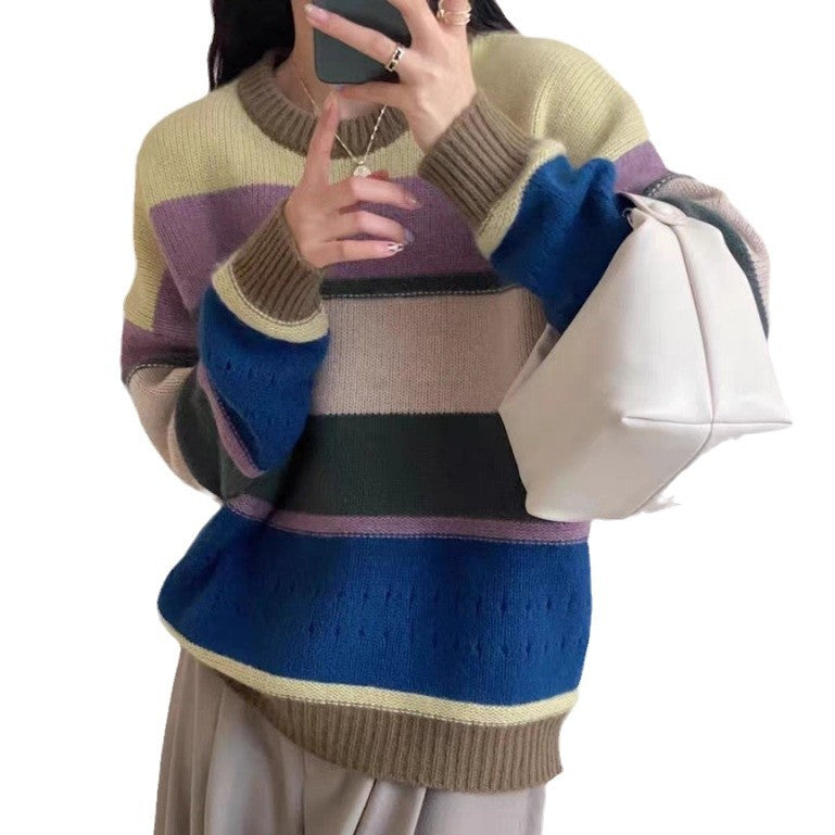 Damen Grob gestrickter Pullover mit lässigen Streifen R&B