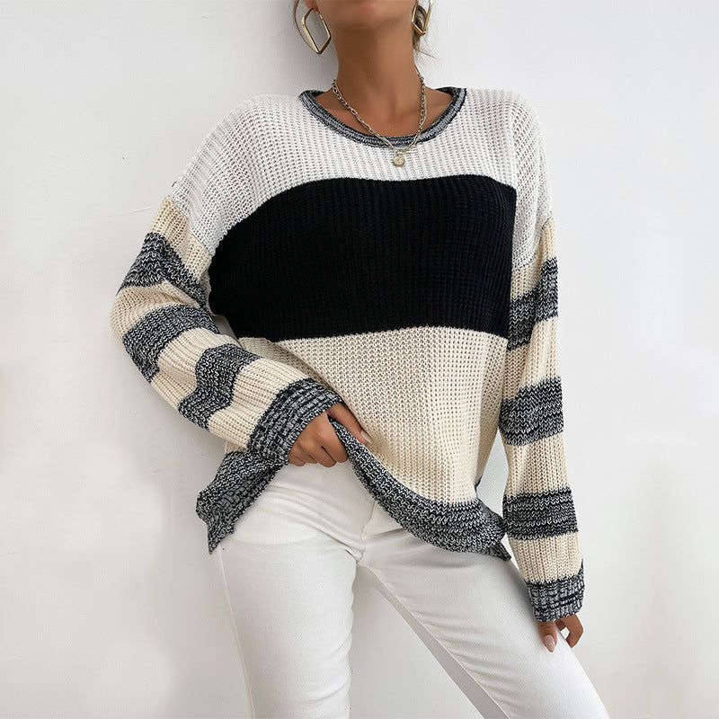 Damen lockerer Strickpullover mit trendigen Blockstreifen und V-Ausschnitt R&B