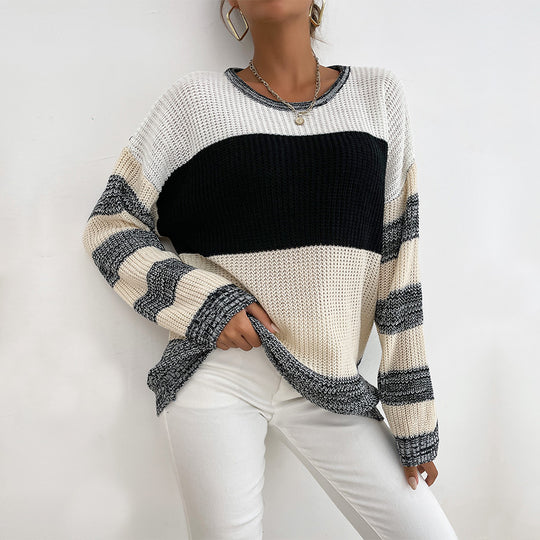 Damen lockerer Strickpullover mit trendigen Blockstreifen und V-Ausschnitt R&B