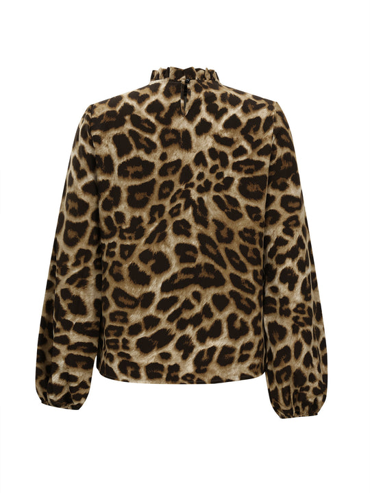 Damen Bluse mit elegantem Leopardenmuster und Rüschenkragen R&B