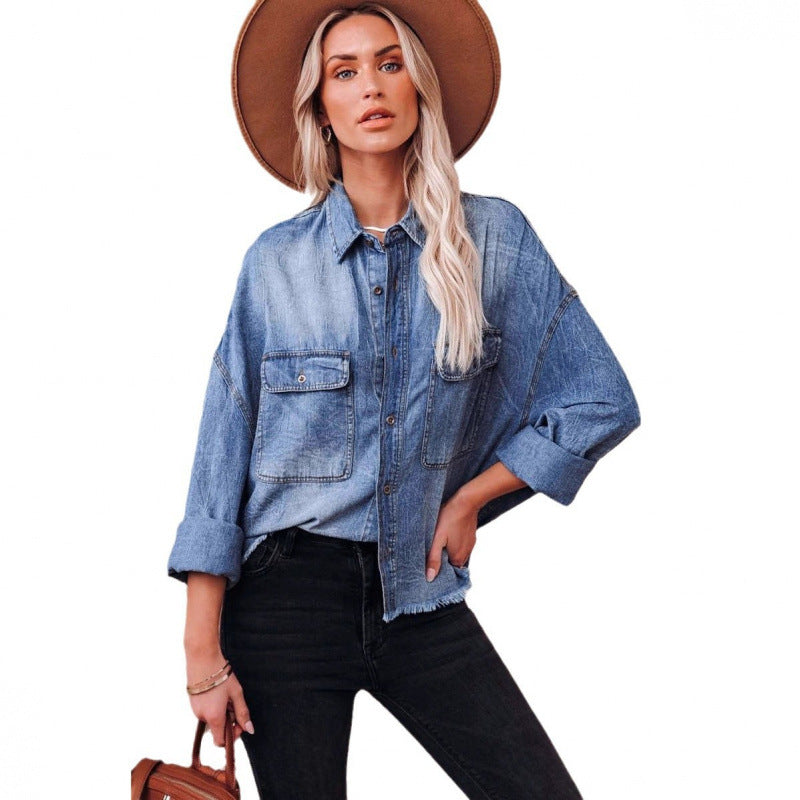 Damen Lässige Denimbluse mit Fransen und aufgesetzten Taschen R&B