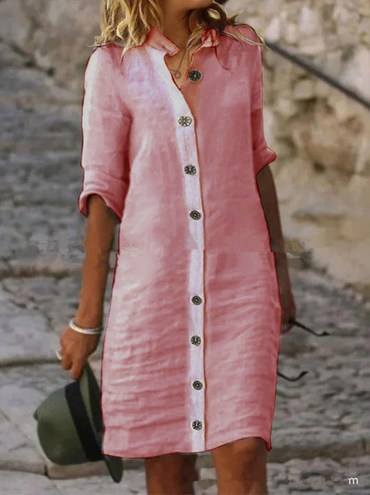 Damen Leinenhemdkleid mit Knopfleiste und umschlagbaren Ärmeln R&B